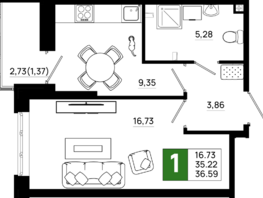 Продается 1-комнатная квартира ЖК Октябрь Парк, 6.1, 36.59 м², 5049420 рублей