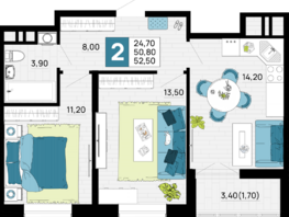 Продается 2-комнатная квартира ЖК Традиции, Литер 1, 52.5  м², 7350000 рублей