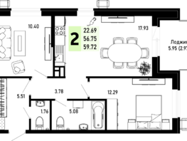 Продается 2-комнатная квартира ЖК Усадьба Гостагаевская, корпус 1, 59.72  м², 13735600 рублей