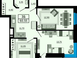 Продается 3-комнатная квартира ЖК Донской Арбат 2, литер 2, 60.55  м², 9143050 рублей