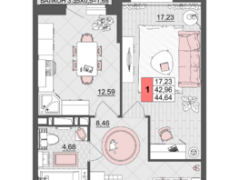 Продается 1-комнатная квартира ЖК Лучший, литер 5, 44.64  м², 6696000 рублей