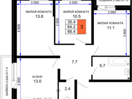 Продается 3-комнатная квартира ЖК Дыхание, литер 27, 66.4  м², 8300000 рублей