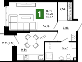 Продается 1-комнатная квартира ЖК Октябрь Парк, 6.1, 36.57 м², 5046660 рублей