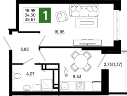 Продается 1-комнатная квартира ЖК Октябрь Парк, 5.2, 35.67 м², 4851120 рублей