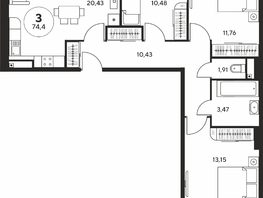 Продается 3-комнатная квартира ЖК Гринсайд, 5.1-5.5, 73.97  м², 9550000 рублей