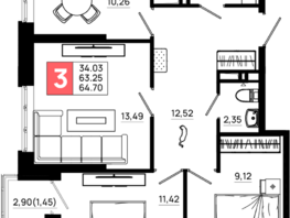 Продается 3-комнатная квартира ЖК Октябрь Парк, 6.2, 64.7 м², 8281600 рублей