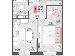 Продается 1-комнатная квартира ЖК Лучший, литер 5, 48.14  м², 7221000 рублей