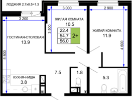 Продается 2-комнатная квартира ЖК Дыхание, литер 29, 56  м², 7112000 рублей