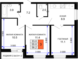 Продается 3-комнатная квартира ЖК Дыхание, литер 27, 56.2  м², 7249800 рублей