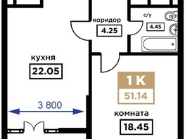 Продается 1-комнатная квартира ЖК Сердце, 51.14  м², 16109100 рублей