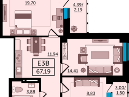 Продается 3-комнатная квартира ЖК Кристалл 2, 67.7  м², 11509000 рублей