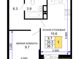 Продается 1-комнатная квартира ЖК Дыхание, литер 27, 36.7 м², 5431600 рублей