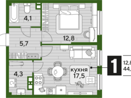 Продается 1-комнатная квартира ЖК DOGMA PARK (Догма парк), литера 13, 44.4 м², 6917520 рублей