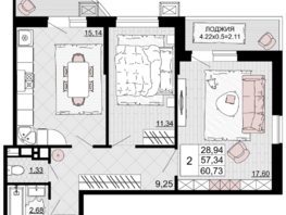 Продается 2-комнатная квартира ЖК Дружба, 1, 60.73  м², 7651980 рублей