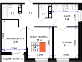 Продается 3-комнатная квартира ЖК Дыхание, литер 29, 55.2  м², 7010400 рублей