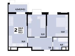 Продается 2-комнатная квартира ЖК МЕГАСИТИ, литера 1.2, 55.2  м², 7780600 рублей