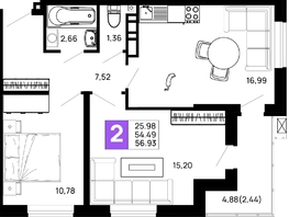Продается 2-комнатная квартира ЖК Долина, литер 1, 56.93  м², 6831600 рублей