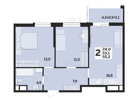 Продается 2-комнатная квартира ЖК МЕГАСИТИ, литера 1.1, 55.2  м², 6287600 рублей