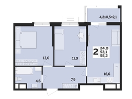 Продается 2-комнатная квартира ЖК МЕГАСИТИ, литера 1.1, 55.2  м², 7720400 рублей