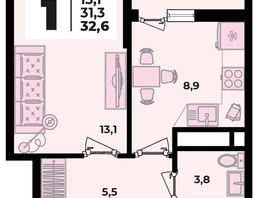 Продается 1-комнатная квартира ЖК Родной дом 2, литера 3, 32.6  м², 5103000 рублей