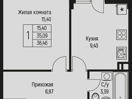 Продается 1-комнатная квартира ЖК Ритм, литер 2, 36.46  м², 5251000 рублей