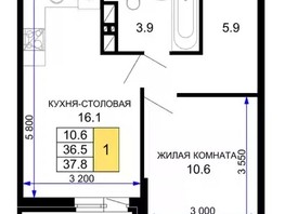 Продается 1-комнатная квартира ЖК Дыхание, литер 16, 36.6  м², 3750000 рублей