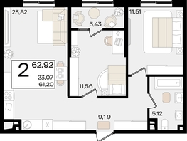 Продается 2-комнатная квартира ЖК Патрики, литер 1.1, 62.92  м², 16849976 рублей