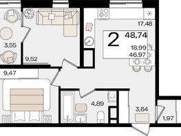 Продается 2-комнатная квартира ЖК Патрики, литер 1.2, 48.74  м², 15075282 рублей