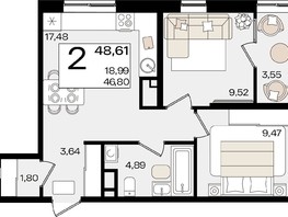 Продается 2-комнатная квартира ЖК Патрики, литер 1.2, 48.61  м², 15059378 рублей