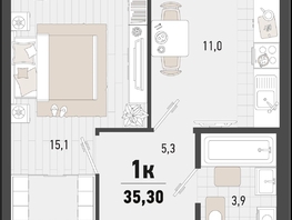 Продается 1-комнатная квартира ЖК Барса, 1В литер, 35.3  м², 9566300 рублей