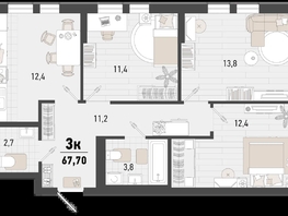 Продается 3-комнатная квартира ЖК Барса, 4В литер, 67.7  м², 18469237 рублей