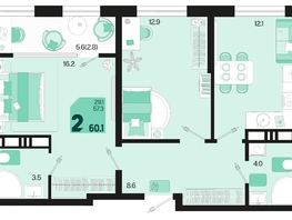 Продается 2-комнатная квартира ЖК Первое место, квартал 1.2, литер 2, 60.1  м², 9015000 рублей