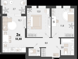 Продается 2-комнатная квартира ЖК Барса, 4В литер, 55.8  м², 15460227 рублей