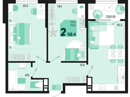 Продается 2-комнатная квартира ЖК Первое место, квартал 1.2, литер 1, 58.4  м², 10336800 рублей