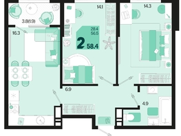 Продается 2-комнатная квартира ЖК Первое место, квартал 1.2, литер 2, 58.4  м², 7685440 рублей