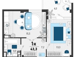 Продается 1-комнатная квартира ЖК Монако, литера 2, 43.3  м², 11800000 рублей