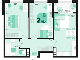 Продается 2-комнатная квартира ЖК Первое место, квартал 1.3, литер 1, 58.4  м², 9052000 рублей