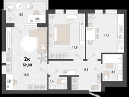 Продается 2-комнатная квартира ЖК Барса, 3В литер, 59  м², 16956600 рублей