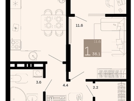 Продается 1-комнатная квартира ЖК Хозяин морей, литер 1, 36.1  м², 11804700 рублей