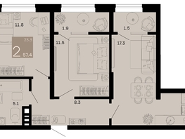 Продается 2-комнатная квартира ЖК Хозяин морей, литер 1, 57.4  м², 17507000 рублей