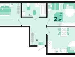 Продается 2-комнатная квартира ЖК Первое место, квартал 1.4, литер 2, 63.1  м², 7950600 рублей