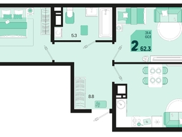 Продается 2-комнатная квартира ЖК Первое место, квартал 1.4, литер 2, 62.3  м², 8971200 рублей