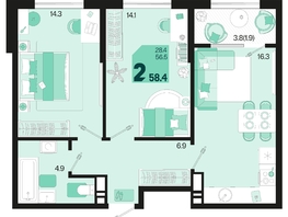 Продается 2-комнатная квартира ЖК Первое место, квартал 1.4, литер 2, 58.4  м², 7884000 рублей