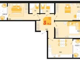 Продается 3-комнатная квартира ЖК Первое место, квартал 1.4, литер 2, 75.2  м², 9475200 рублей