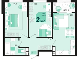 Продается 2-комнатная квартира ЖК Первое место, квартал 1.5, литер 1, 58.4  м², 8000800 рублей