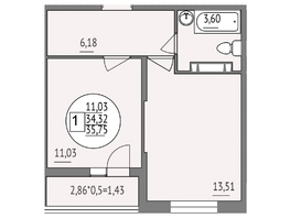 Продается 1-комнатная квартира ЖК Друг, литера 3, 35.75 м², 5165875 рублей