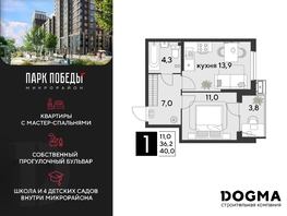 Продается 1-комнатная квартира ЖК Парк Победы 2, литера 21, 40  м², 7132000 рублей