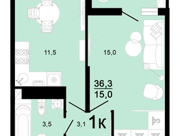 Продается 1-комнатная квартира ЖК Горячий, литера 1, 36.3 м², 5082000 рублей