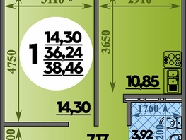 Продается 1-комнатная квартира ЖК Восточный, литера 48, 38.46 м², 5622999 рублей