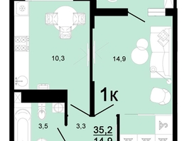 Продается 1-комнатная квартира ЖК Горячий, литера 1, 35.2 м², 4928000 рублей